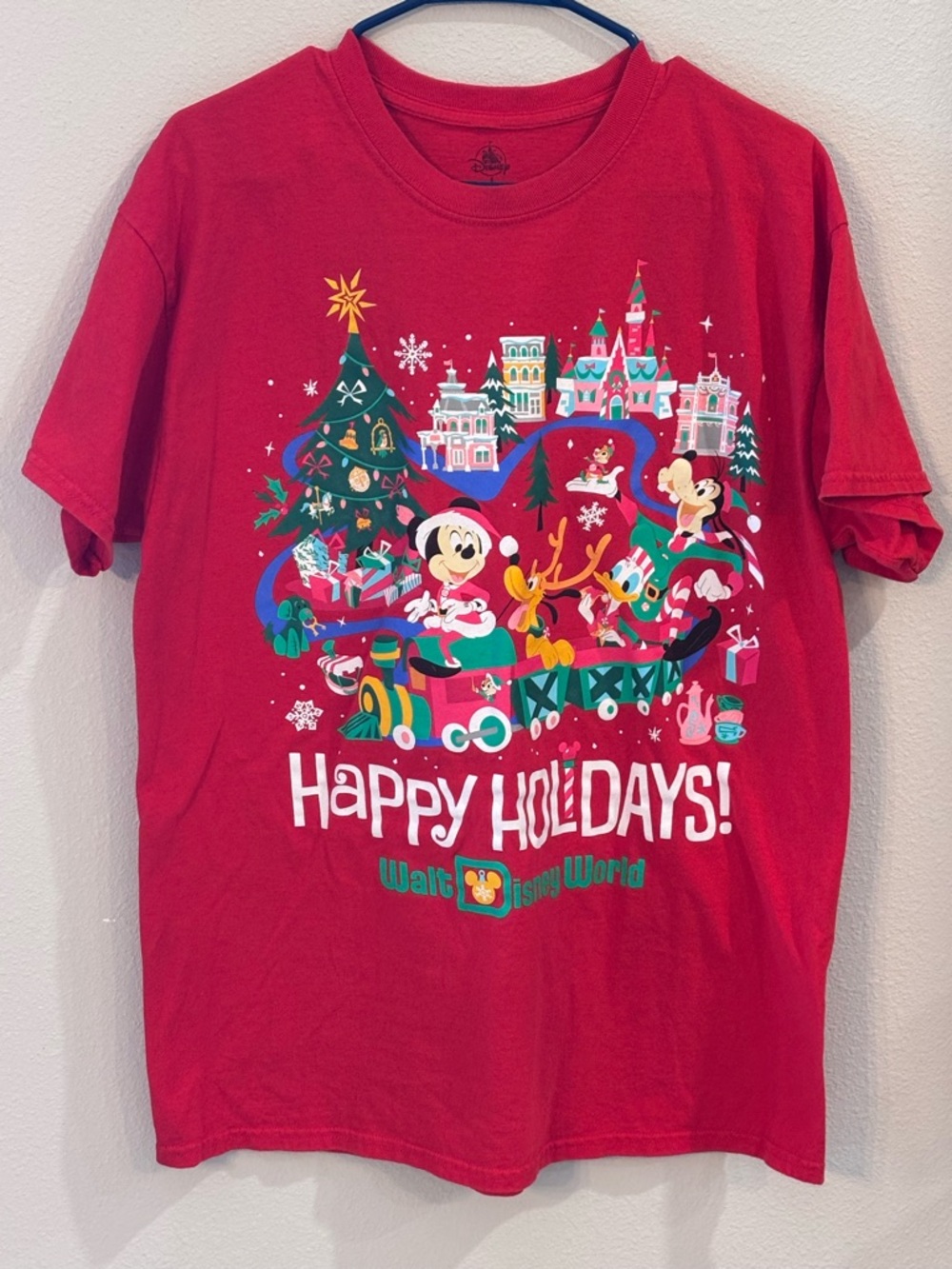 Disney Parks 2020 Happy Holidays Women’s Lg Mickey & Friends Train Tee
